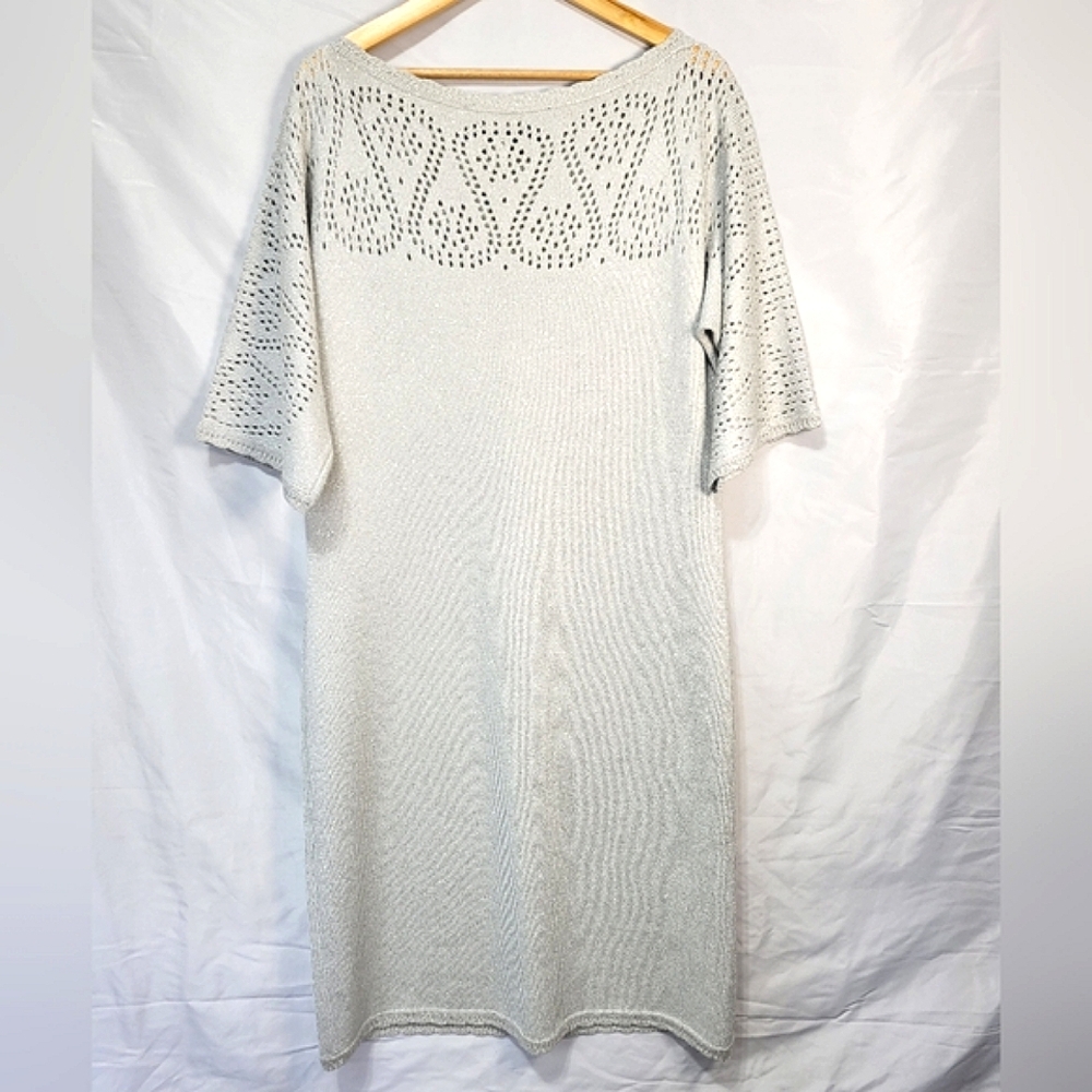 St. John Knit Sheath Shimmer Pointelle Santana Knit Cut-Out Midi Sweater Dress